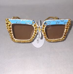 Gold and Blue Geometric Sunglasses with Crystal Accents. Handmade Inspi